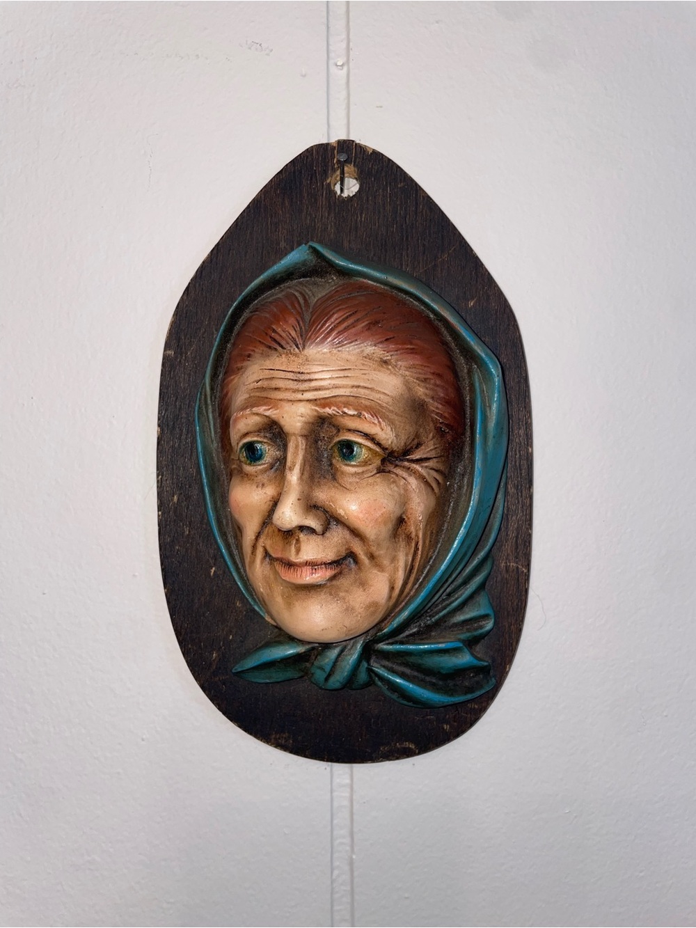 Handcrafted Chalkware Wall Plaque - Teal Headscarf Elder Portrait